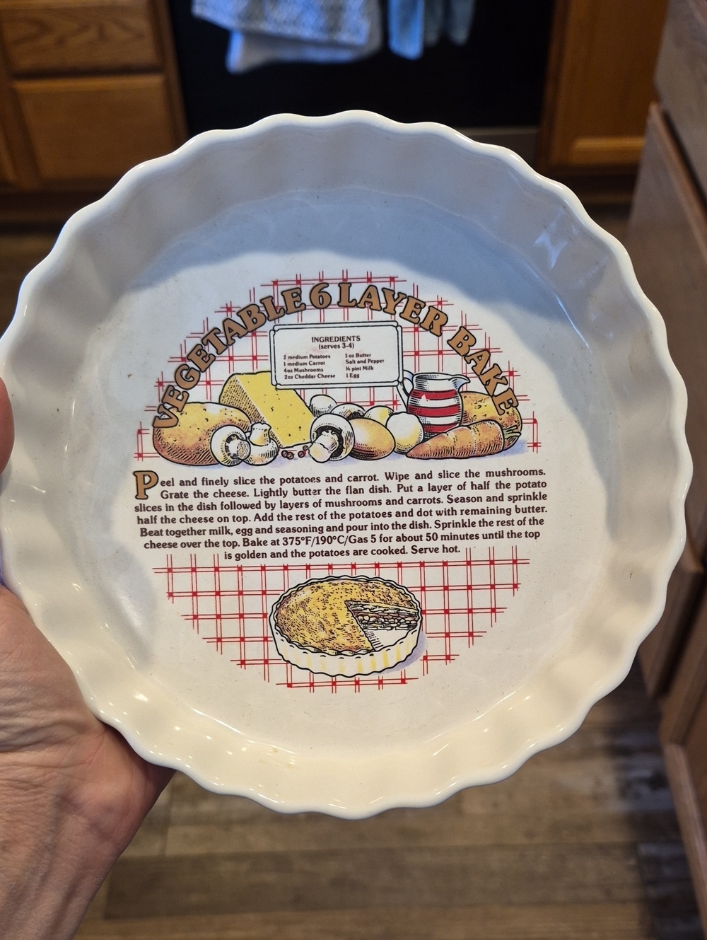 Vintage 1980's Recipe Quiche Dish; Ceramic Vegetable 6 Layer Bake Pie Tart Pan